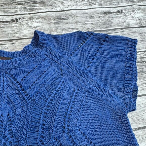 Fever Women's Open Crochet Short Sleeve Sweater Blouse Royal Blue S SM Small Rib - Picture 4 of 12